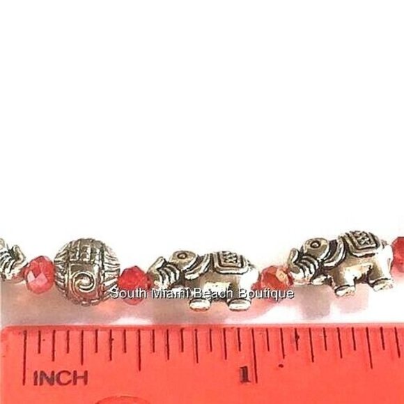 Elephant Bead Charm Bracelet Silver Plated 7-8.5" Adjustable Red Boho Tribal - Picture 7 of 9